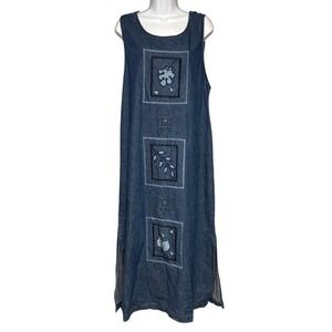 VTG 90s Lagenlook Embroidered Floral Artsy Countrycore Denim Maxi Dress Sz XL